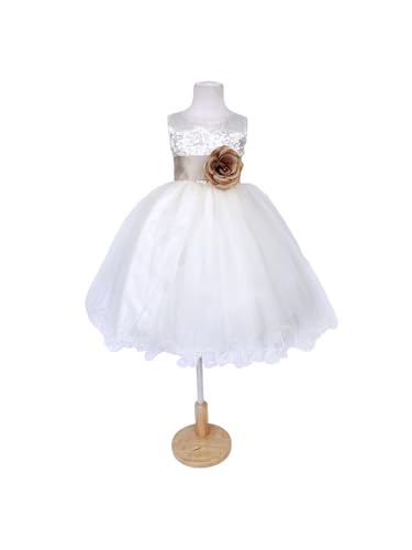 Off White Ivory V-Back Carnation 2 Layer Fishing Line Tulle Flower Girl Gown Wedding (14, Champagne Sash + Flower)