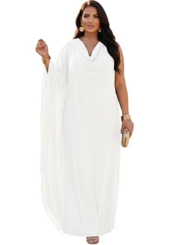 KOH KOH Plus Size Womens Long Cowl Neck Grecian Goddess Single Sleeve Elegant Evening Wedding Guest Bridesmaid Bridal Party Flowy Maxi Dress Dresses Gown Gowns, White 2XL 18-20