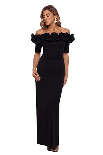 Xscape Off Shoulder Ruffle Neck 3/4 Sleeve Formal Evening Gown, Black, 12