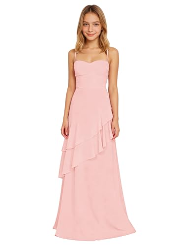 olalunule Junior Bridesmaid Dress Long Chiffon Sleeveless Flower Girl Dress Tiered Blush Pink Wedding Guest Dresses for Teen Girls Size 14-16