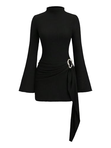 Milumia Women's Long Sleeve Dress Tie Waist Ruched Bodycon Mini Dress Black | Textured, Mock Neck, Metal, Cinched Waist, Bell Sleeve, Party, Cocktail, Festival, Prom, Date Night, Black, X-Large
