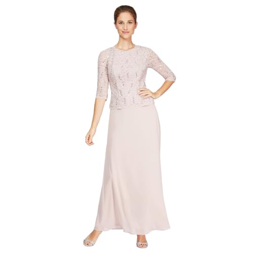 Alex Evenings Women's 3/4 Sleeve Stretch Lace Bodice One Piece Mother of the Bride Dress (Petite and Regular Sizes), Shell Pink, 10