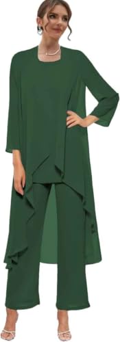 3 Pieces Hunter Green Mother of The Bride Dress for Women Pant Suits Ankle Length Evening Formal Gown with Chiffon Jacket Size 10