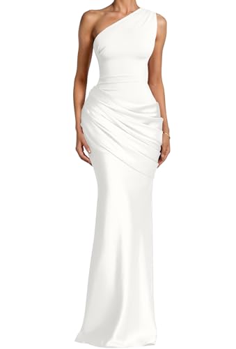 Memoriesea Women's One Shoulder Pleated Formal Wedding Maxi Dress White