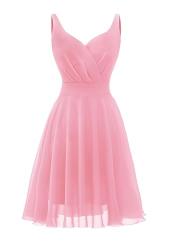 Dressever V-Neck Cocktail Dress Chiffon Sundress Rose Pink 2XL