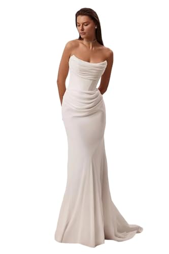 cantcauli Cowl Neck Wedding Dresses Ivory Long Mermaid Corset Ruched Chiffon Strapless Beach Bridal Gowns for Women US4