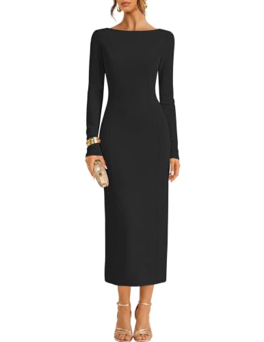 MEROKEETY Women's Long Sleeve Bodycon Fall Elegant Dress, Black, M