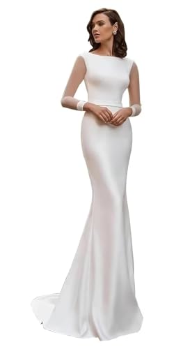 Simple Long Sleeve Wedding Dresses for Bride White Satin Mermaid Ball Gown Wedding Gown Chiffon Crew Neck Bridal Dress with Sleeves Us12