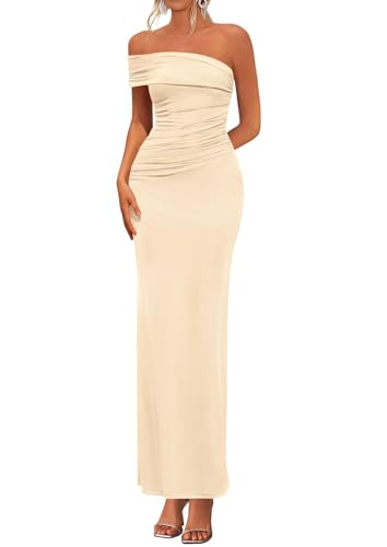 PRETTYGARDEN Women's Semi Formal One Off Shoulder Dresses (Beige,L) | Sleeveless Strapless,Asymmetrical Ruched,Bodycon Fitted,Back Slit,Elegant Maxi Long,Wedding Guest Cocktail,Summer Clothes