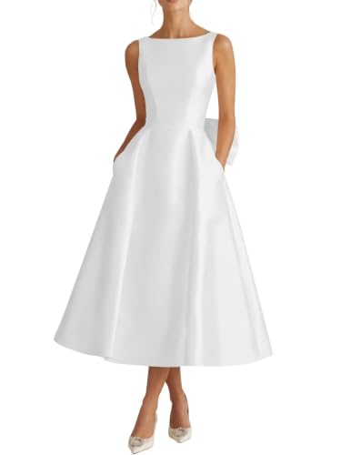 Caiwws Fall Bridesmaid Dresses White Satin A Line Tea Length 20