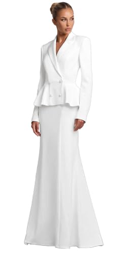 Women's 2 Piece Formal Suit Dress White Long Sleeve Blazer with Peplum and Floor Length Skirt Wedding Guest Prom Suits Size 2
