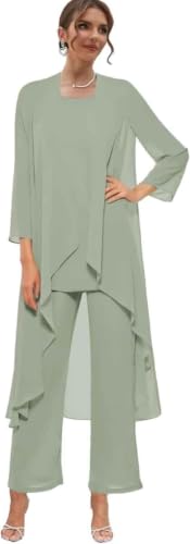 Chiffon Mother of The Bride Dresses with Jacket 3 Pieces Pant Suits Set for Women Scoop Neck Sage Green Formal Dress Size 16