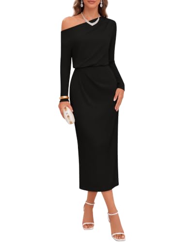 MEROKEETY Women's Off The Shoulder Wedding Guest Midi Dress, Black, S | Fitted, Ruched Waist, Baby Shower, Bridesmaid, Date Night, Modest Elegant, Business Casual, 2026 Formal Dress, Winter Outfits