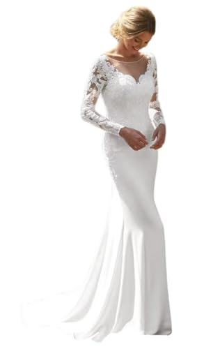 Mermaid Lace Wedding Dresses for Bride Long Sleeve Satin Bridal Gowns A-line Backless Beach Boho Wedding Dress White US8
