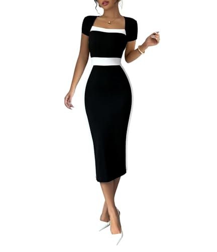 SOLY HUX Women's Black White Pencil Bodycon Midi Dress