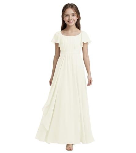 FLwuhui Junior Bridesmaid Dresses Ivory Chiffon Flower Girl Dresses Floor Length Wedding Party Pageant Gown US7
