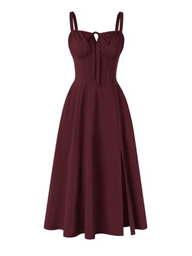 Women 2026 Corset Dress Milkmaid Slit Midi Sundress Burgundy XXL