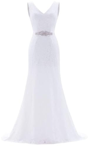 Likedpage Women's Lace Mermaid Wedding Dress, V-Neck Sleeveless Bridal Gown with Beaded Belt White US16