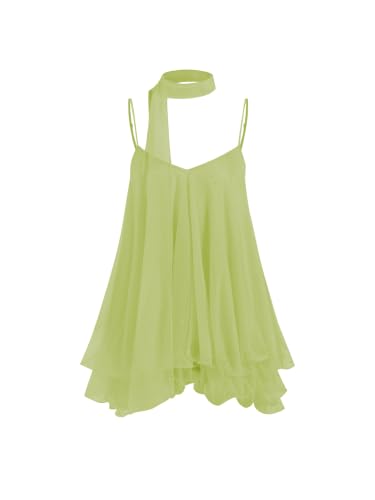 CIDER Womens Sequin Ruffle Mini Dress With Scarf: Pale Green, L | V Neck, Adjustable Straps, Oversized A Line Concert Style
