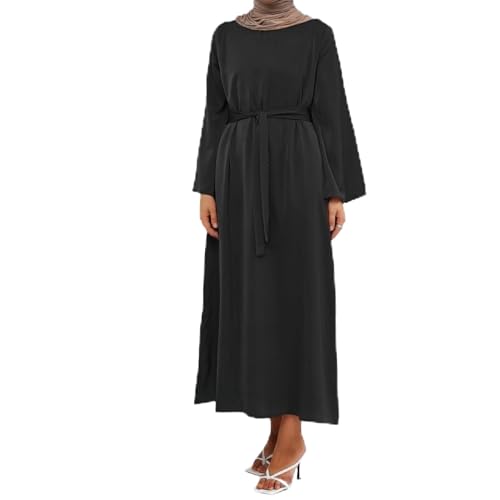 Women's Soft Satin A-Line Dress for Casual and Special Occasions Scoop Neck Belted Maxi Dress with Bell Sleeves Wedding Guest Prom Graduation Party (US, Alpha, Medium, Regular, Regular, Black)