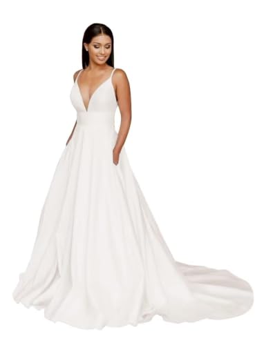 QUENAGOWNA A Line Spaghetti Straps Wedding Dress for Bride Long Train Satin Deep V Neck Bridal Gown with Pockets White US16