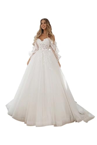 SoDigne White Lace Applique Wedding Dresses for Women 2026 Boho Cold Shoulder Sweetheart Glitter Tulle Bridal Long Gowns with Train for Bride A-line US8