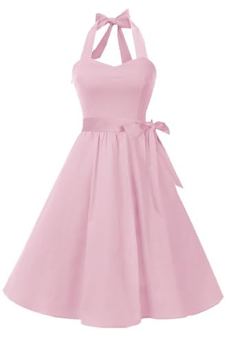 Topdress Women's Vintage Polka Audrey Dress 1950s Halter Cocktail Dress Baby Pink S