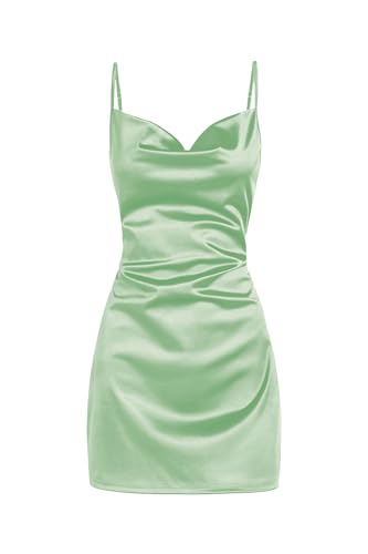 ZAFUL Women's Satin Sleeveless Spaghetti Strap Mini Dress Sexy Slip Cowl Neck Silky Cocktail Party Dresses(Mint Green-F, M)