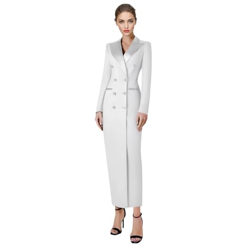 YSMLOIU Womens Tuxedo Dresses Maxi Double Breasted Suit Dress for Women Peaked Lapel Luxury Womens Business Blazer Dresses White 14W