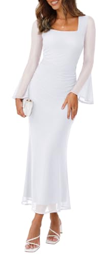 Sipaya Long Sleeve Maxi Dresses for Women Bodycon Mesh Lace Midi Fall Fashion Cocktail Outfits Winter Clothing Homecoming White M