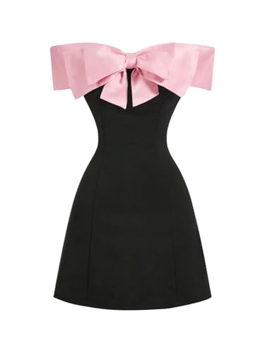 GORGLITTER Women's Bow Wedding Guest Off Shoulder Tea Party Mini Dresses | Cocktail Birthday Dresses, Formal Dresses, Baby Shower Dress, Summer Going Out Dress, Black, X-Small