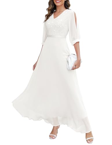 Wedtrend Women's Sequin Dress Glitter Wedding Guest Dress 3/4 Sleeve Evening Party Dress Formal Gowns and Evening Dress WT0317WhiteM