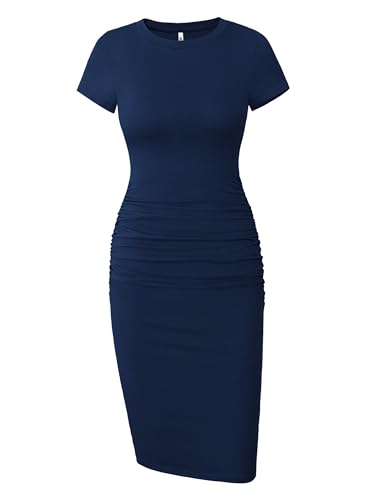Missufe Ruched Fitted Casual Tshirt Sundress Women's Short Sleeve Knee Length Bodycon Dress (Navy Blue, Medium)