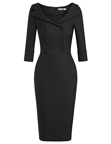 MUXXN Women's Cute Spring Autumn Audrey Hepburn Style Dresses Gorgeous Back Split Sheath Dress (Black L)