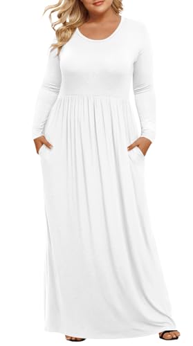 LONGYUAN Women's Plus Size Dresses Long Sleeve Maxi Fall Dress with Pockets White 5XL