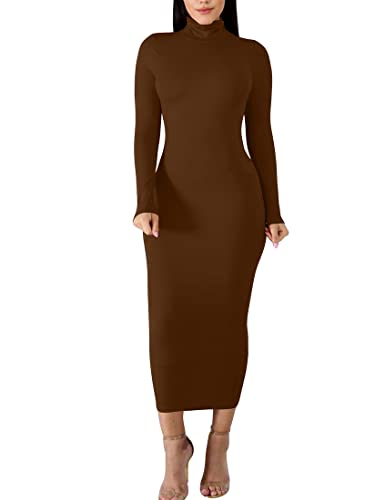 BORIFLORS Women's Turtleneck Long Sleeve Bodycon Maxi Dress,Large,Coffee