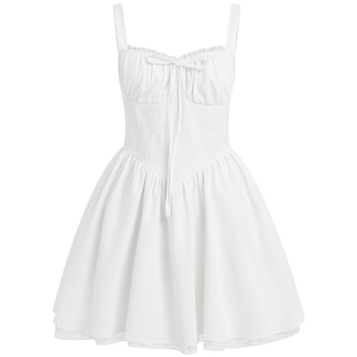 ABEHIK Women Mini Corset Dress Sexy Short Romper Summer Dresses Spaghetti Straps Low Cut Floral Lace Bustier Dress Ruffle Flowy Going Out Wedding Guest Party A Line Casual Sundress White L