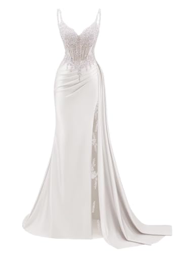 Satin Beaded White Prom Dress Mermaid Formal Gown with Lace Slit US4