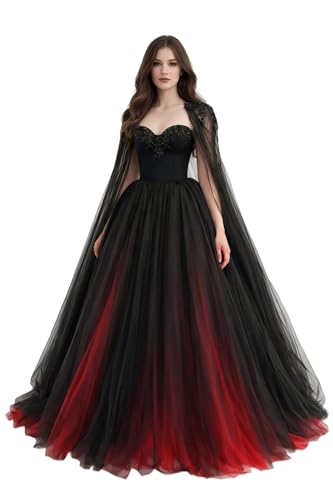 Dydsz Women Gothic BlackRed Evening Formal Gown Prom Dress with Cape 2