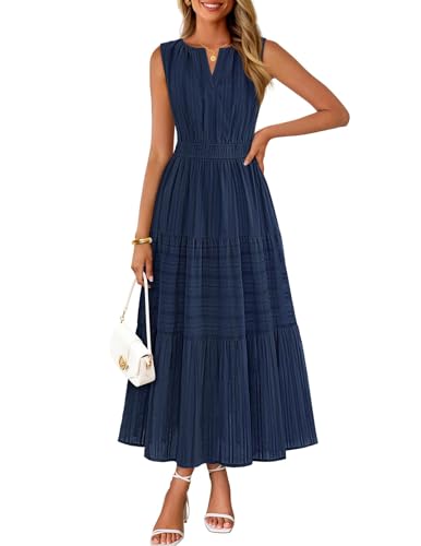 MEROKEETY Summer Casual Sleeveless V Neck Midi Dress Women, Navy, XS