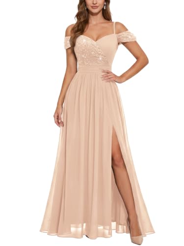 Miusol Women's Off Shoulder Elegant Sequined Split Spaghetti Straps Wedding Maxi Dress (Small, Champagne)
