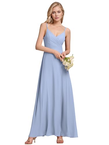 Ever-Pretty Women's Sexy Side Slit V Neck Spaghetti Straps Chiffon A Line Bridesmaid Dress Ice Blue US26