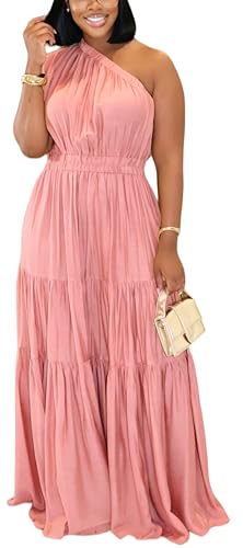 YUEWOO Women's Linen Dress One Shoulder Dresses Summer Casual Sleeveless Flowy Ruffle Beach Vacation Maxi Dress Pink M