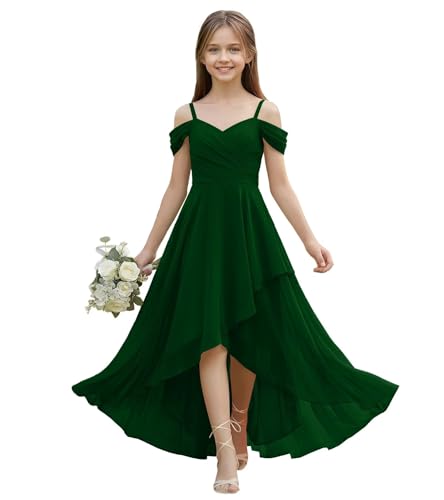 Qatuddl Emerald Green Junior Bridesmaid Dresses for Girls Floor Length Chiffon Flower Girl Dress for Wedding Girls Chiffon Dresses Size 10