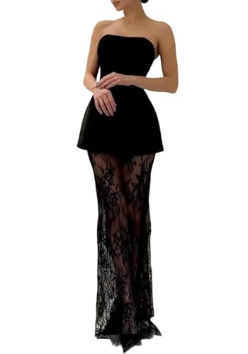 ROUMIFIQ Women's 2 Piece Dresses Strapless Tube Top Lace Maxi Skirt Dress