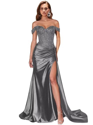 Appliques Satin Mermaid Prom Dresses with Slit for Women Gray Prom Dress 2025 Off Shoulder Formal Evening Gowns Backless US16 LW078