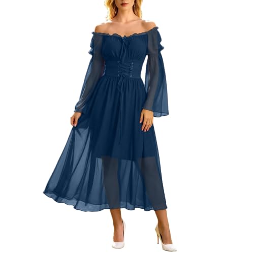 Women Renaissance Chiffon Dress Long Sleeve Medieval Fairy Maxi Gown Navy