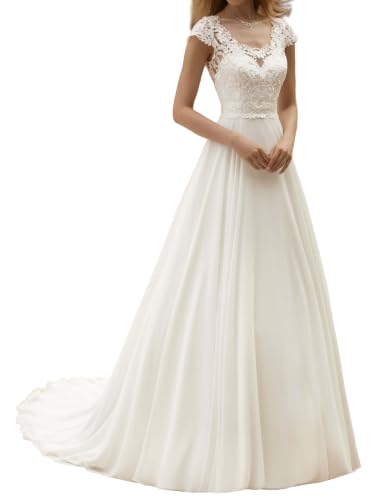 Cupocupa Lace Chiffon Wedding Dress for Bride, A-Line Gown, Corset Back US 10 Off-White