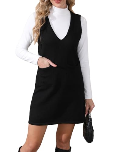 OYOANGLE Women's V Neck Sleeveless Knitted Solid Short Sweater Dress with Pockets Deep Black L