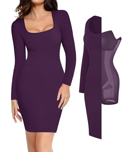 Popilush Long Sleeve Midi Dress, Built-in Bra Shapewear Purple S